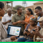 Grievance Redressal conflict resolution in an African community, showing citizens and project officials using a digital grievance platform to prevent disputes and build trust