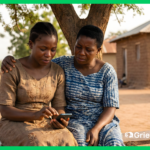 Women in a rural African community using a phone to report GBV through a Digital GBV Reporting System, receiving emotional support.
