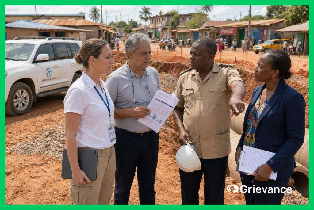 World Bank grievance system supervision mission in West Africa: two donor representatives holding a tablet and grievance report discuss ESS10 compliance with local government officials at an infrastructure construction site