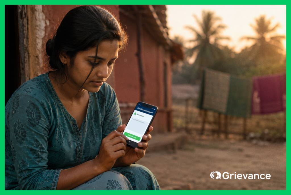 digital gbv reporting system mobile rural survivor.jpg Young woman in rural South Asia using a digital GBV reporting system on her smartphone to submit a confidential, anonymous complaint at sunset.
