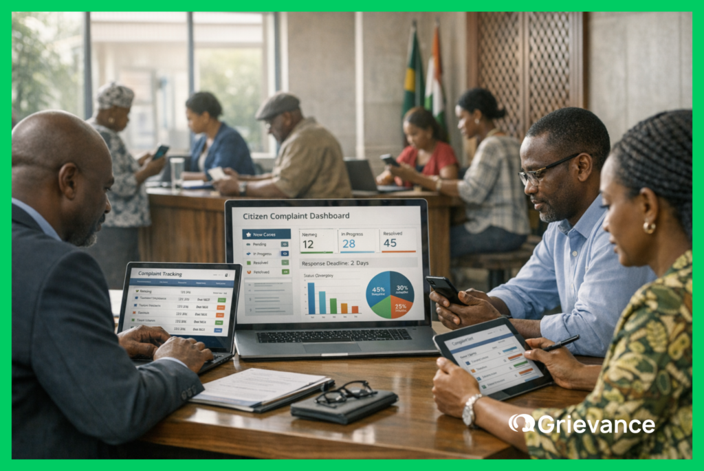 Digital Citizen Complaint System in Government Service Delivery Government officials reviewing a digital citizen complaint system on laptops and tablets while citizens submit feedback online in a modern public service office