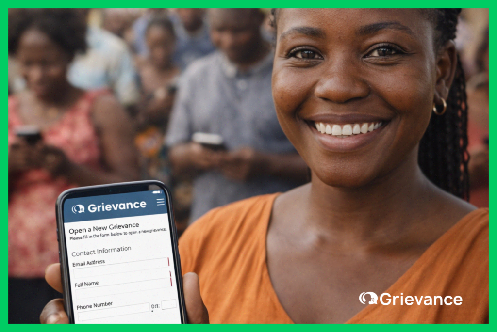 Citizen in Sierra Leone using a Digital Grievance Redress Mechanism on a mobile device to submit a complaint for a World Bank–funded urban resilience project