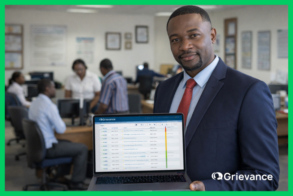 Government Grievance System Dashboard for Citizen Complaints African public official presenting a Government Grievance System dashboard to manage citizen complaints transparently