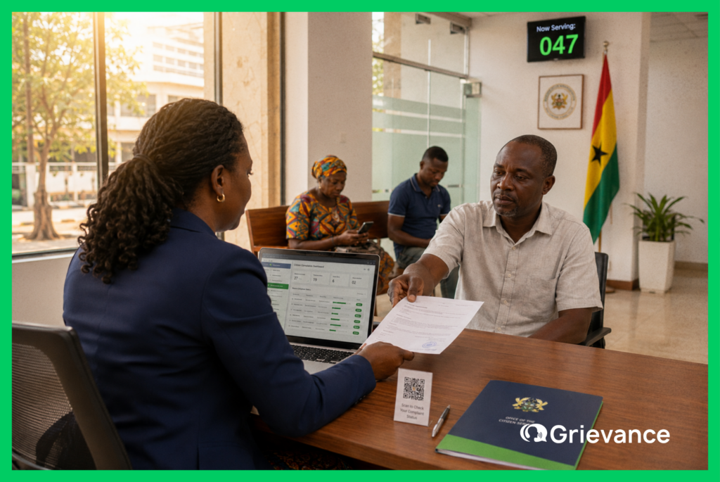 A government civil servant reviews a digital citizen complaint dashboard on her laptop while a citizen submits a grievance document across the desk at a modern public service center in Ghana, with a digital queue display showing number 047 and other citizens waiting in the background.