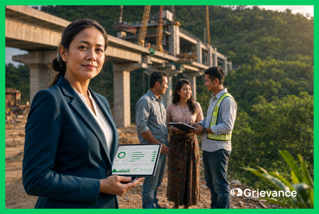 esg grievance system digital dashboard project site.png ESG compliance officer holding a tablet displaying a grievance management dashboard at an infrastructure construction site, with field staff engaging community members in the background — illustrating how a digital ESG grievance system connects project oversight to stakeholder accountability.