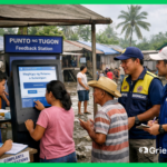 Community feedback mechanisms in disaster recovery projects in the Philippines, showing residents using a digital grievance feedback station after a typhoon