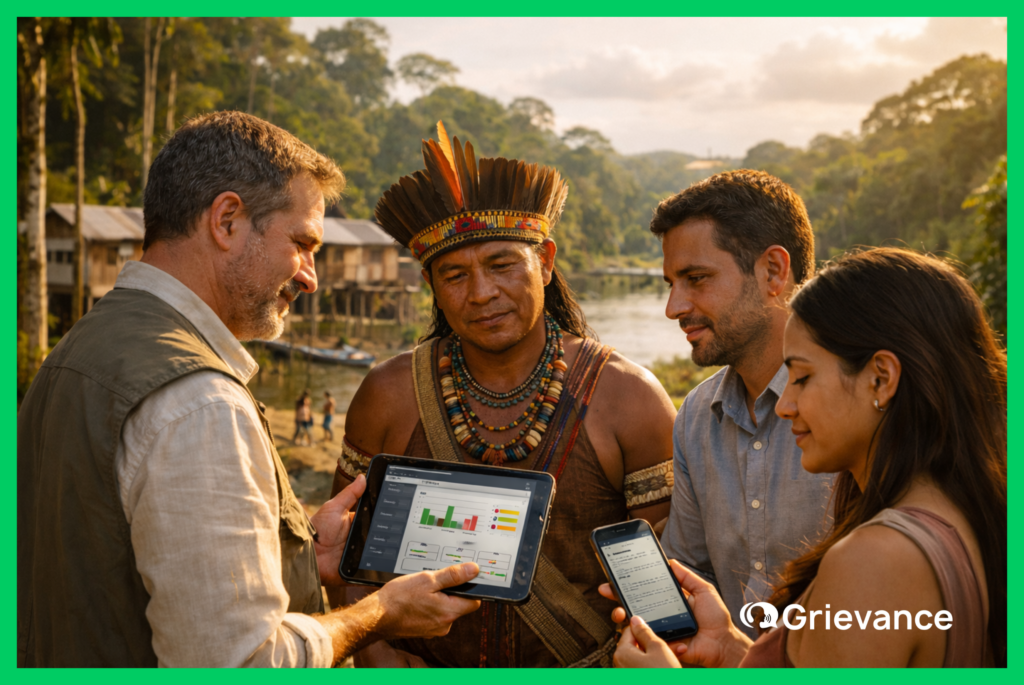 Grievance Redress Mechanism in action: indigenous leader and compliance team reviewing digital GRM data by the Amazon river in Brazil