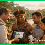 Grievance Redress Mechanism in action: indigenous leader and compliance team reviewing digital GRM data by the Amazon river in Brazil