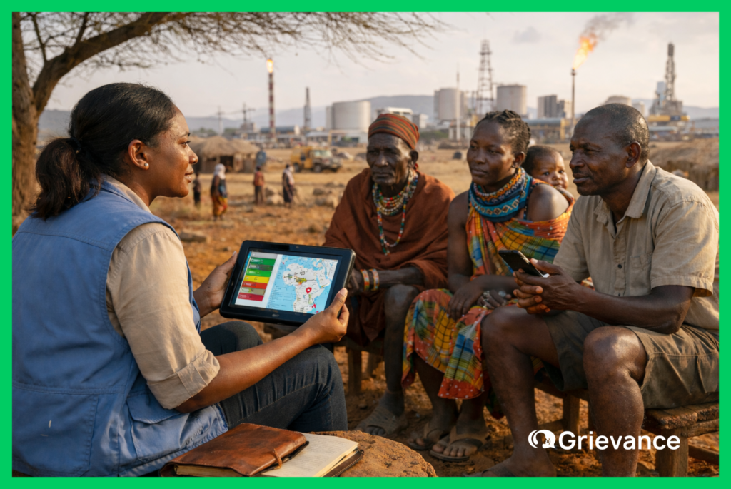 An NGO field officer presents a digital grievance redress mechanism dashboard on a tablet to Turkana community members affected by an oil infrastructure project in northern Kenya, illustrating community complaint management in action with Grievance App.