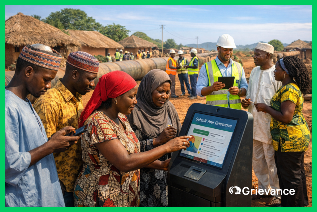 Grievance Redress Mechanism Nigeria enabling community members to submit complaints digitally during an infrastructure project in a rural Nigerian village