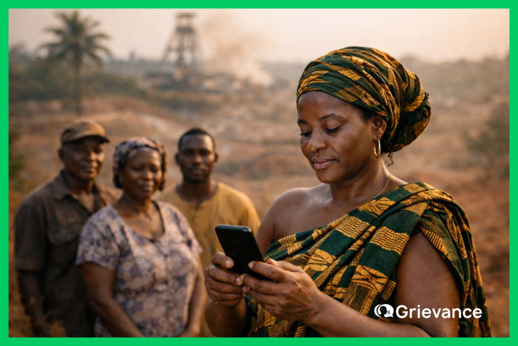 Ghanaian community members use a smartphone to manage mining grievances digitally near a gold mining site in Ghana's Western Region.