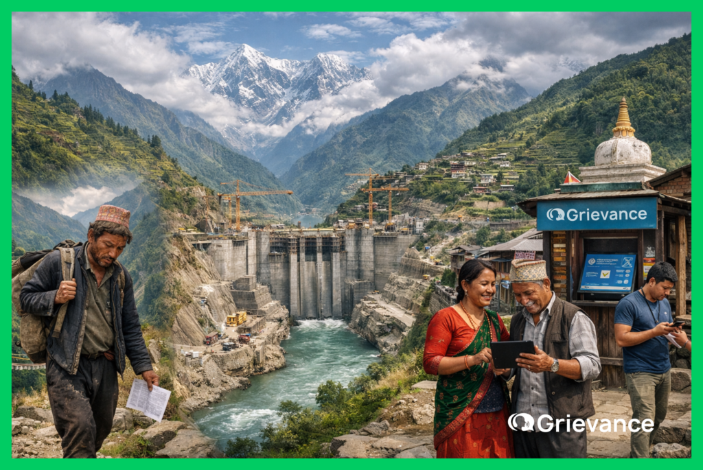 Hydropower grievance management Nepal transformation: traditional paper-based system versus digital GRM platform with Grievance App kiosk at dam construction site in Himalayas