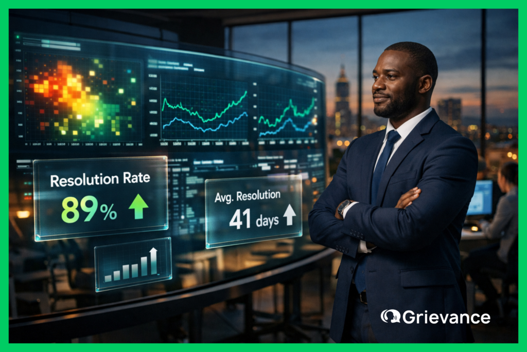 Complaint data analytics dashboard showing GRM resolution rate at 89% — data-driven grievance management strategy in action