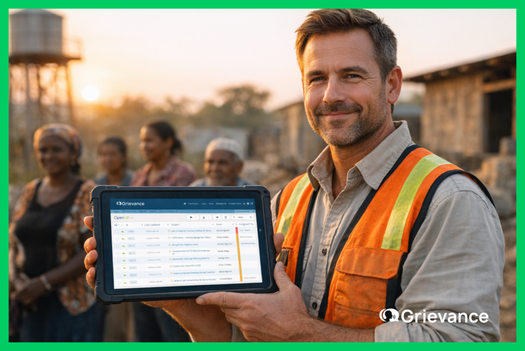 Field officer using a digital grievance redress process on a tablet, managing community complaints on a construction site with Grievance App