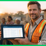 Field officer using a digital grievance redress process on a tablet, managing community complaints on a construction site with Grievance App