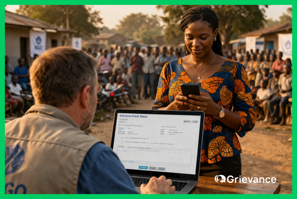 Grievance Check Status displayed on a grievance tracking portal as an NGO officer reviews a complaint on a laptop while a community member checks her grievance status on a smartphone in an African humanitarian setting.