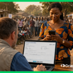 Grievance Check Status displayed on a grievance tracking portal as an NGO officer reviews a complaint on a laptop while a community member checks her grievance status on a smartphone in an African humanitarian setting.