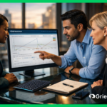 Three business professionals reviewing Grievance Management App analytics dashboard with compliance reporting and case tracking data on a computer monitor in a modern office setting