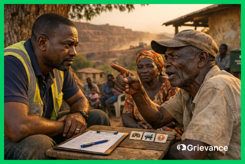 Community liaison officer listening to a farmer's complaint as part of a grievance mechanism intake session near an open-pit mining site in West Africa