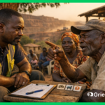 Community liaison officer listening to a farmer's complaint as part of a grievance mechanism intake session near an open-pit mining site in West Africa