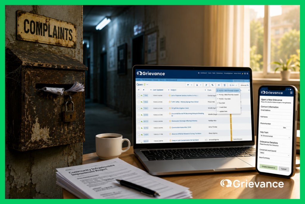 Comparison of a rusty traditional complaint box versus Grievance App dashboard on laptop and mobile grievance submission form