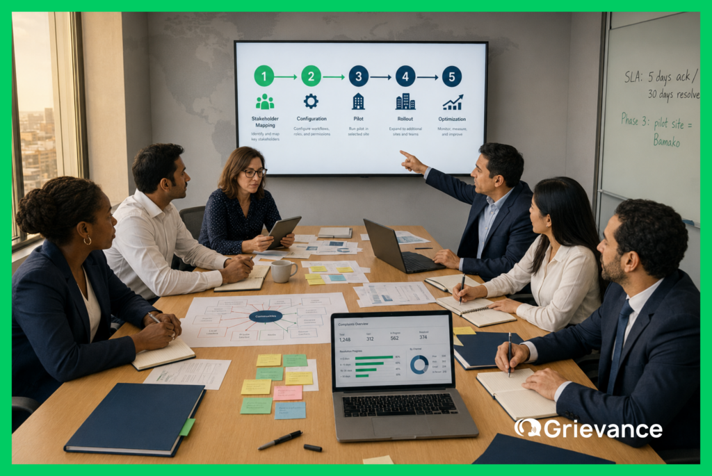 Project team planning a 5-phase grievance tracking system implementation roadmap with stakeholder mapping and compliance data