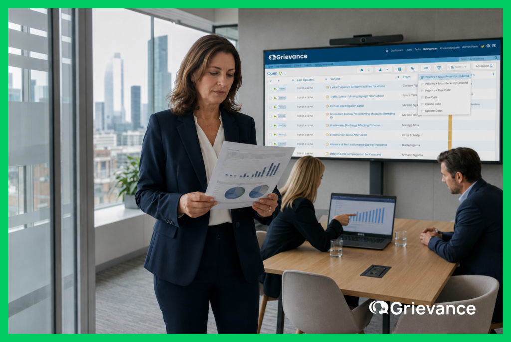 Senior compliance officer reviewing complaint management system dashboard and regulatory reports in a bank meeting room with two colleagues analyzing complaint trend data on laptops