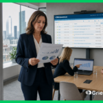 Senior compliance officer reviewing complaint management system dashboard and regulatory reports in a bank meeting room with two colleagues analyzing complaint trend data on laptops