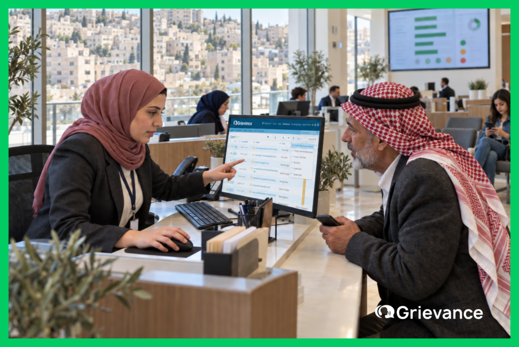 Citizen complaint system in Jordan: a civil servant shows a citizen his complaint status on a Grievance App dashboard