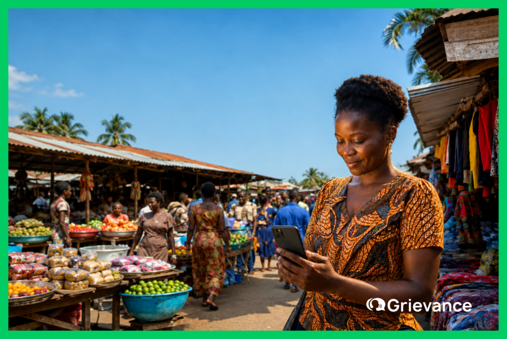 West African woman using a smartphone to file a complaint at an open-air market, illustrating how ERCA's complaint management system gives 400 million ECOWAS consumers access to digital grievance redress