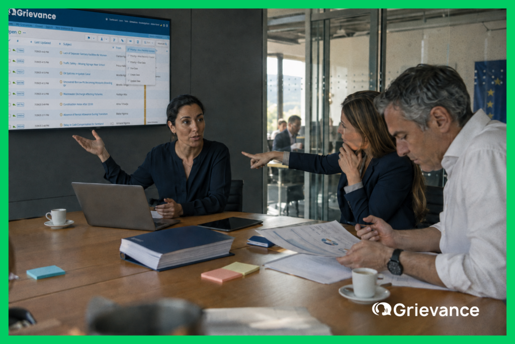 Three compliance professionals reviewing grievance tracking software dashboard on a large screen during a working session in an institutional conference room