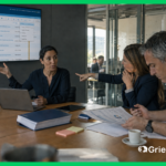 Three compliance professionals reviewing grievance tracking software dashboard on a large screen during a working session in an institutional conference room