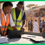 ESG grievance mechanism review: compliance team checks complaint data as community members wait at a mine site gate